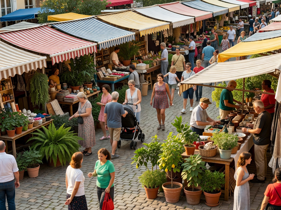 Bustling weekend square with market canopies and potted green plants