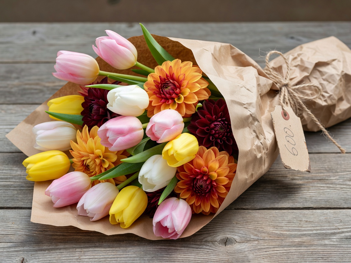 Fresh spring tulips and autumn dahlias bundled in paper wrap