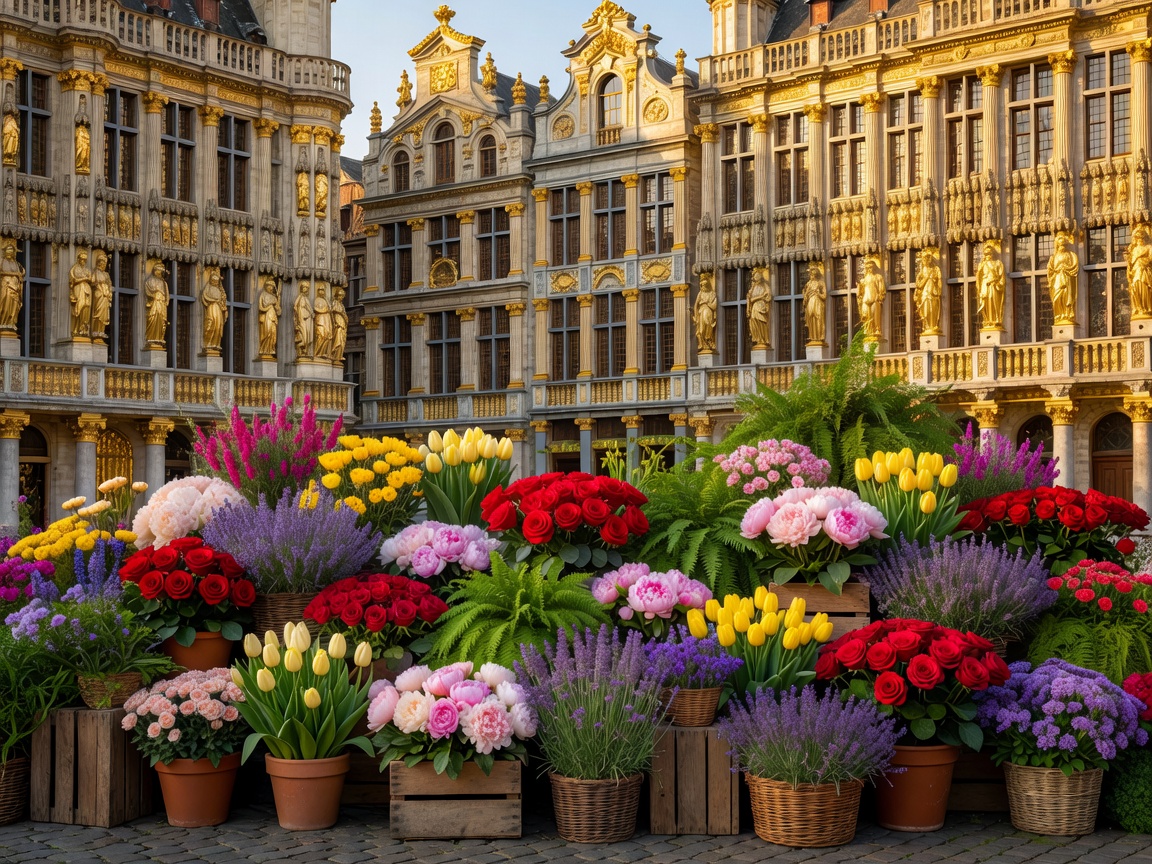 Gilded facades of Grand Place behind floral arrangements