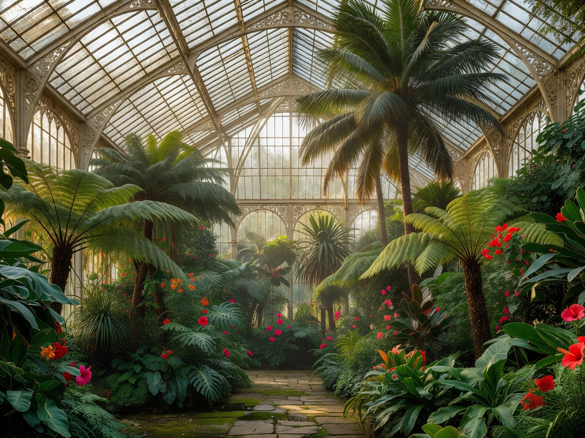 Historic glasshouse conservatory filled with tropical foliage and palms