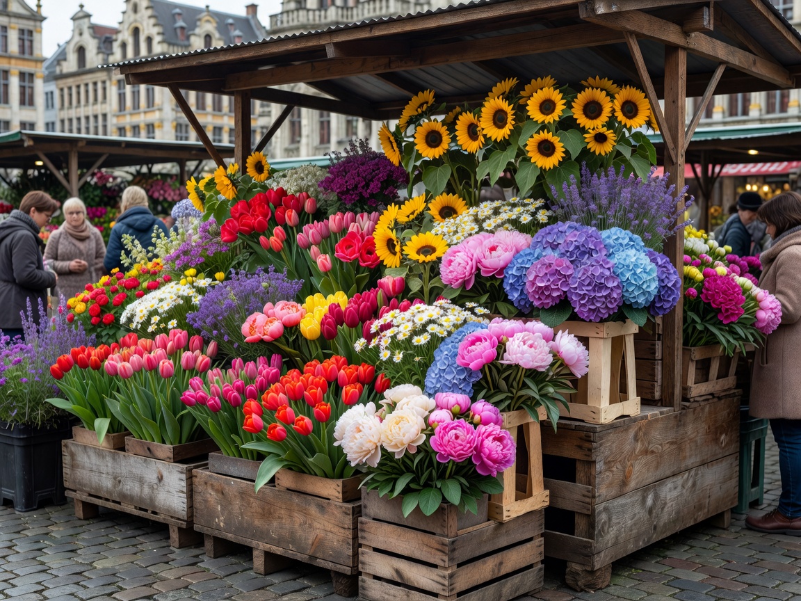Vibrant cut flowers on a timber market stall in Brussels