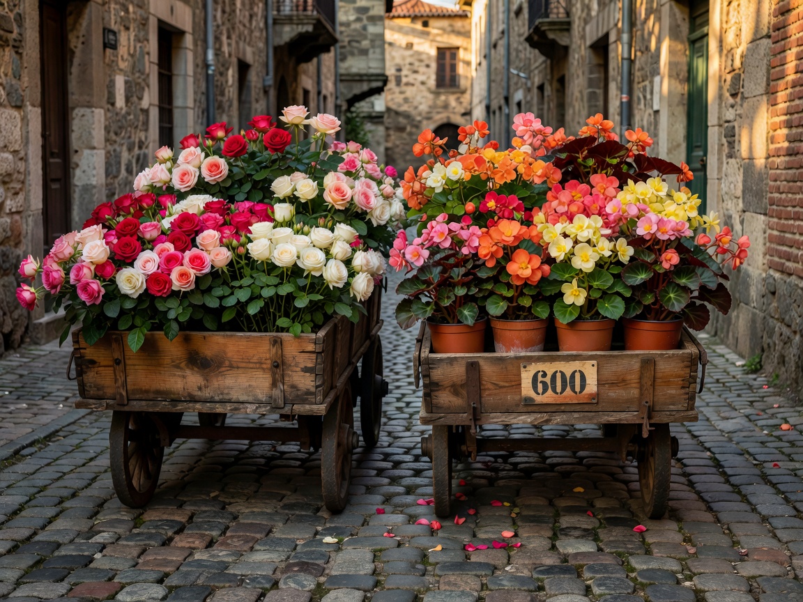 Wooden carts brimming with roses and begonia pots on cobbled pavement